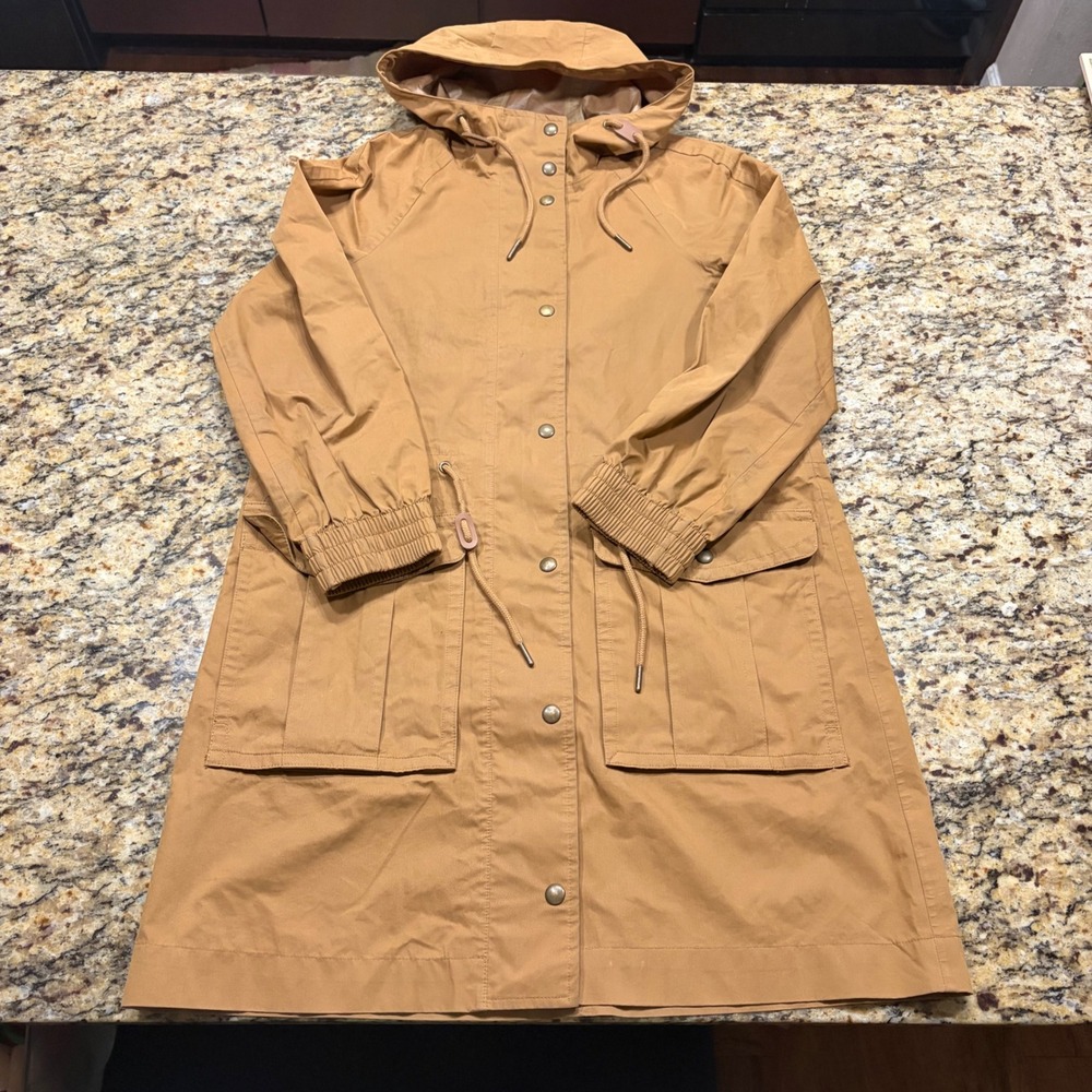 Madewell Women XXS Tan Hooded Rain Parka Jacket Camel Snap Front Utility Coat ws